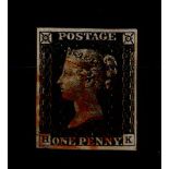 GB - 1840 Penny Black used with four good margins, red MX, of good appearance but thinned, (H-K).