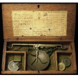 Coin Scales: 18thC cased coin scales with 5 weights including a portrait Quarter Guinea weight 1773.