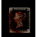 GB - 1840 Penny Black (Q-L) with four good to wide margins and deep red MX cancel