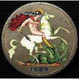 Enamelled Coin: GB Crown 1889, reverse enamelled, brooch pin obv.
