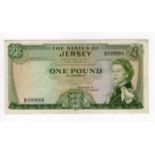 Jersey 1 Pound issued 1963, scarce ERROR - NO signature, serial B0999884 (TBB B108b, Pick8c) Fine+