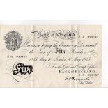 Peppiatt 5 Pounds (B255) dated 10th May 1945, serial J15 095157, London issue on thick paper (