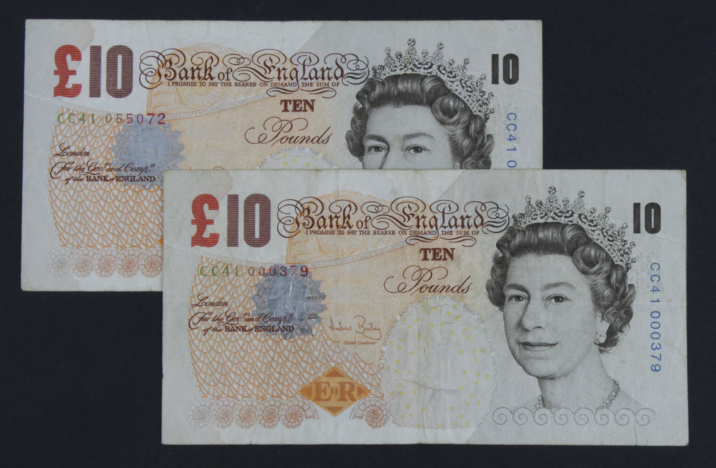 Bailey 10 Pounds (B400) issued 2004 (2), rare pair of FIRST RUN 'CC41' prefix notes, one with LOW