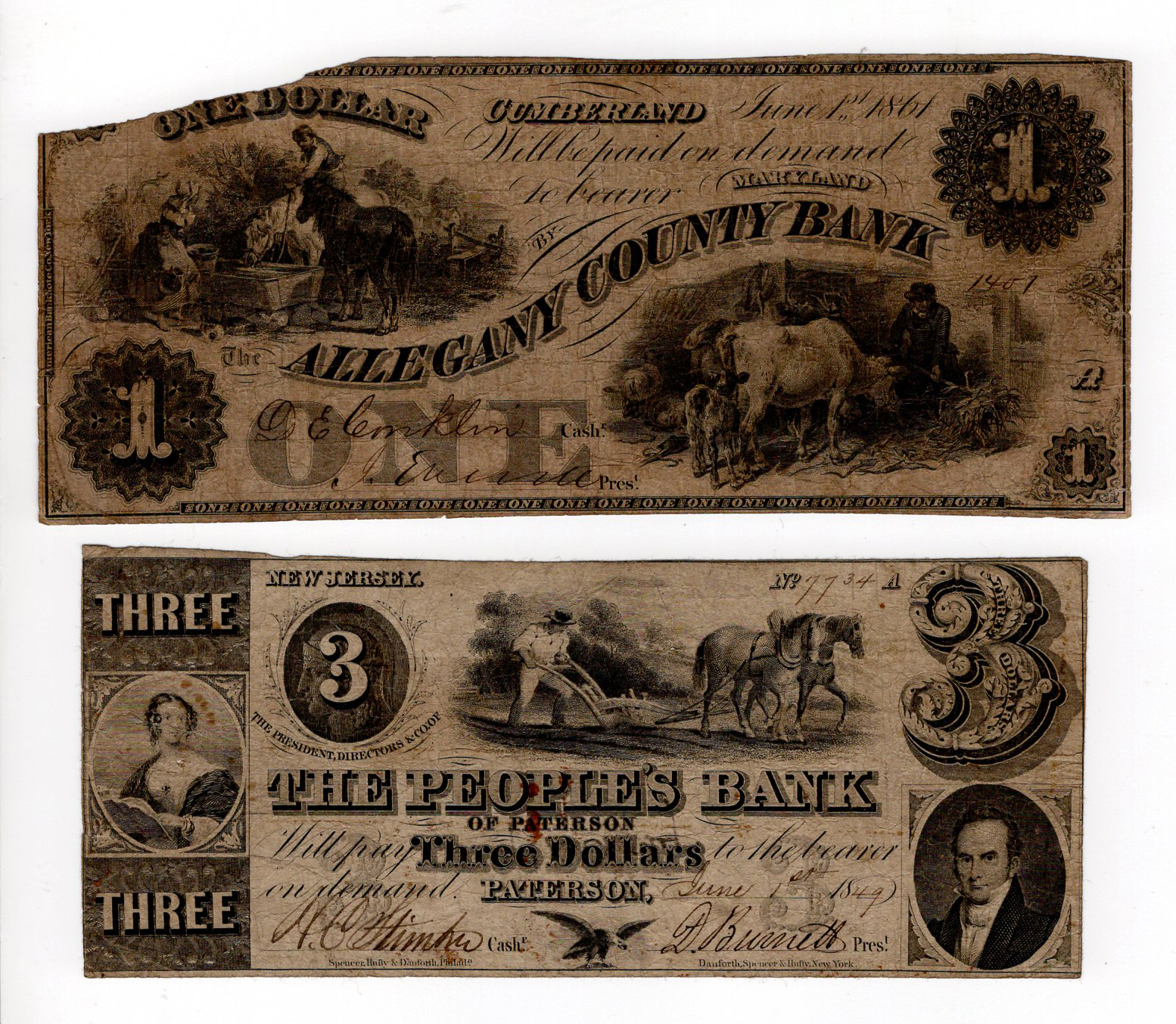 USA (2) a pair of obsolete banknotes, Peoples Bank of Paterson 3 Dollars dated 1st June 1849