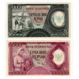 Indonesia (2), 10000 Rupiah dated 1964 serial WWN 07087 (TBB B555b, Pick101b), 5000 Rupiah dated