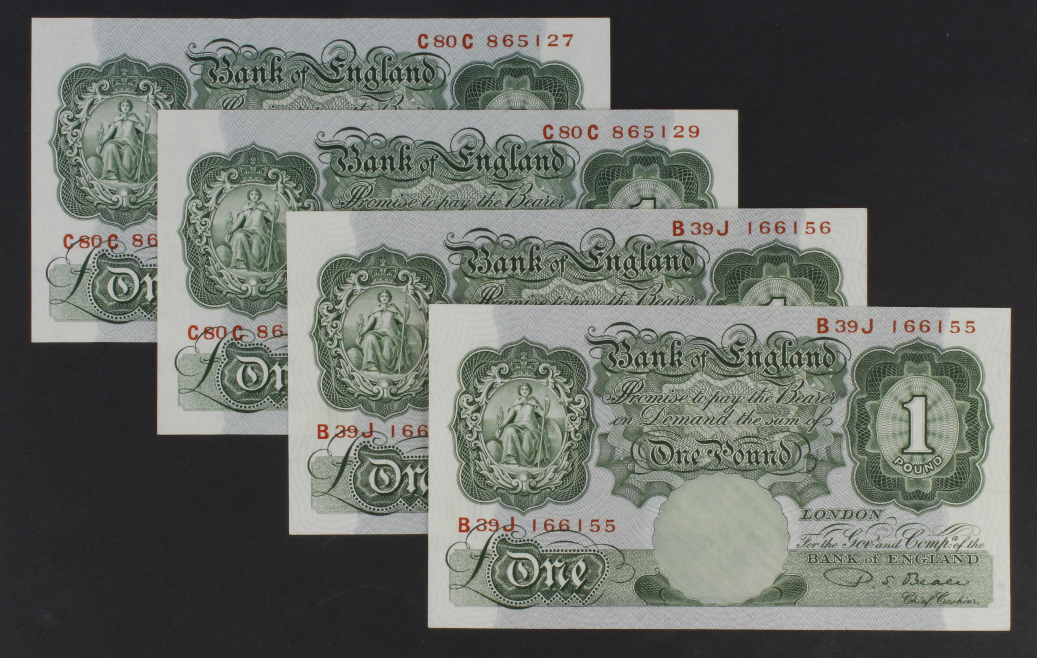 Beale 1 Pound (B268) issued 1950 (4), a consecutively numbered pair serial B39J 166155 & B39J