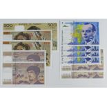 France (10), an Uncirculated group, 500 Francs dated 1989, 100 Francs (2) dated 1988 & 1989, 50