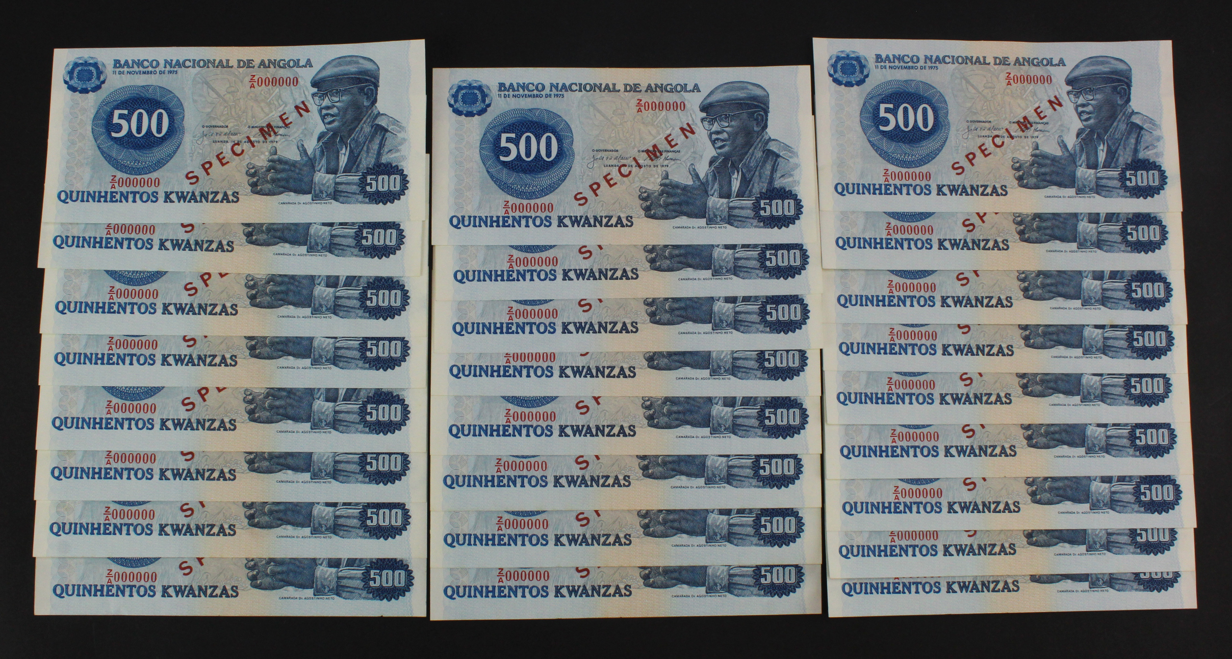 Angola 500 Kwanzas (25) dated 14th August 1979, a bundle of SPECIMEN notes all with serial Z/A