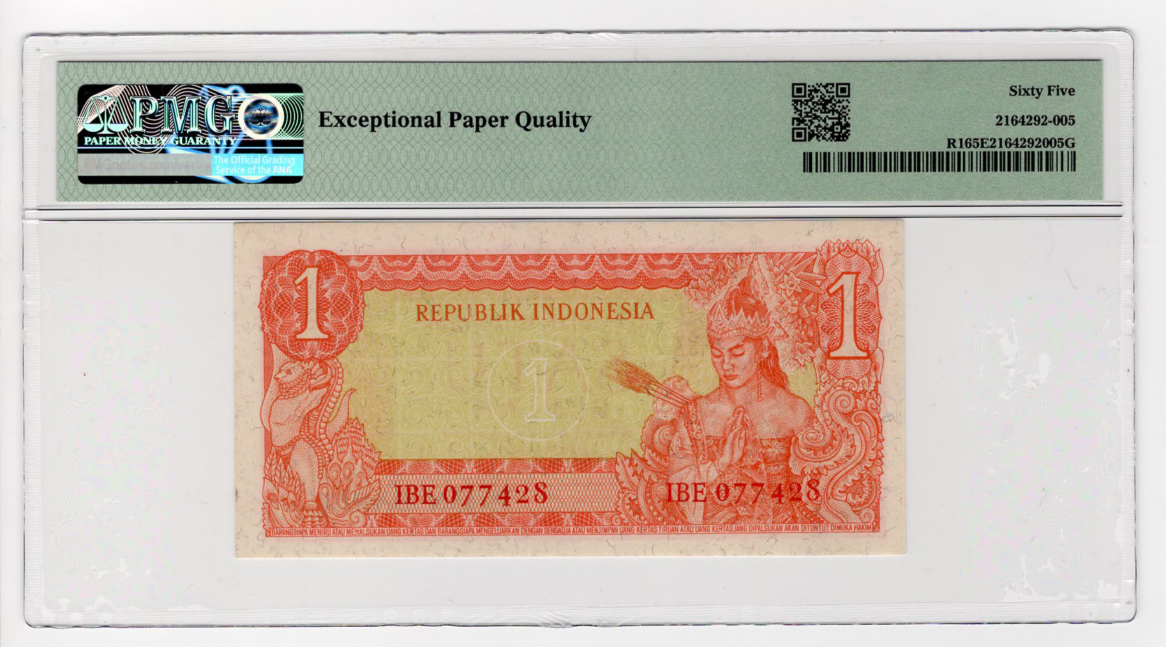 Indonesia 1 Rupiah dated 1960 (issued 1963), Republik Indonesia Irian Barat provisional issue, - Image 2 of 2