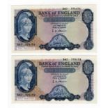 O'Brien 5 Pounds (B277) issued 1957 (2), series B helmeted Britannia, Lion & Key, a consecutively