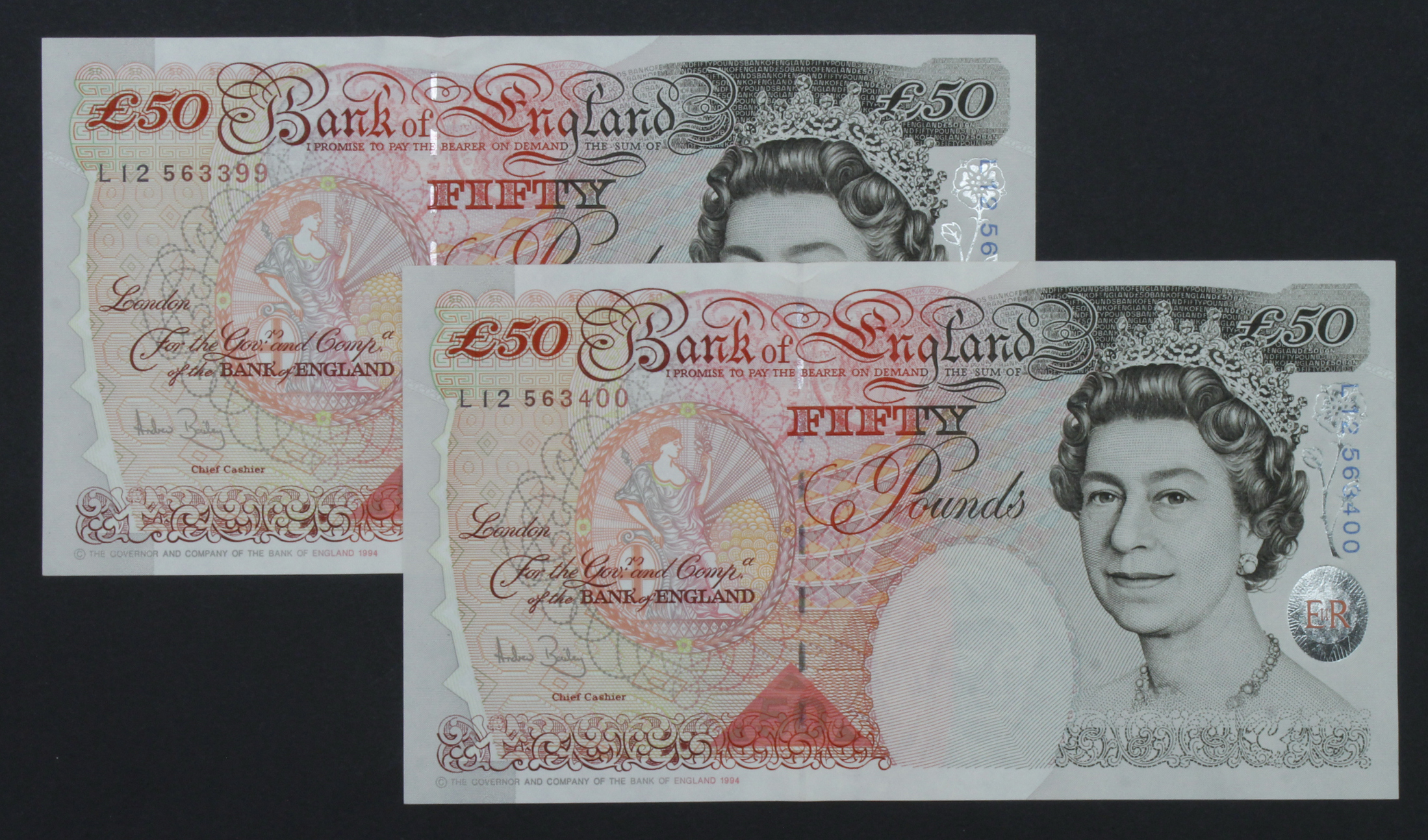 Bailey 50 Pounds (B404) issued 2006 (2), a consecutively numbered pair, serial L12 563399 & L12