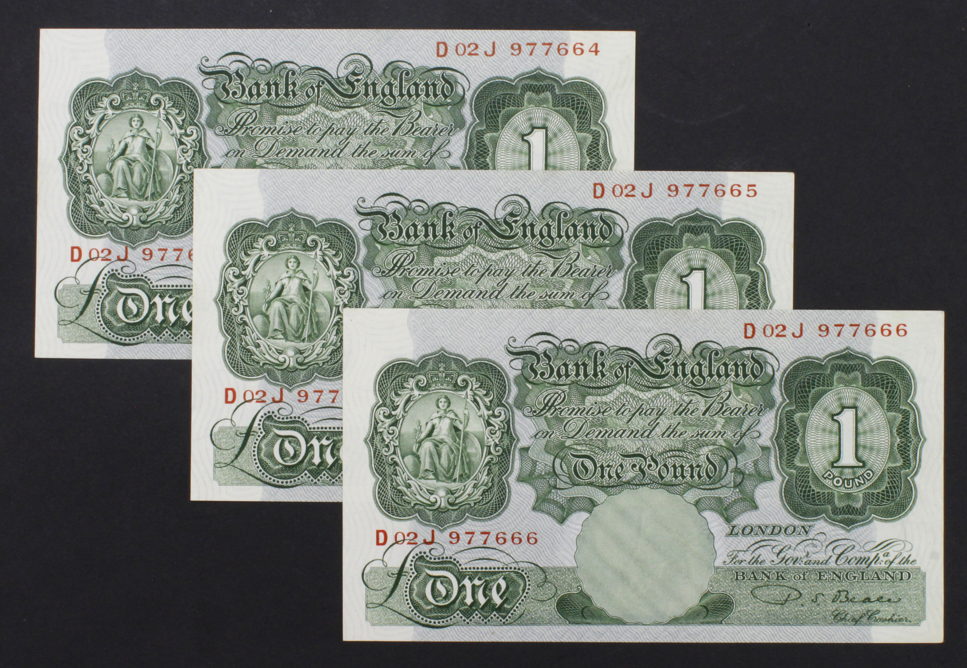 Beale 1 Pound (B268) issued 1950 (3), a consecutively numbered run, serial D02J 977664 - D02J 977666