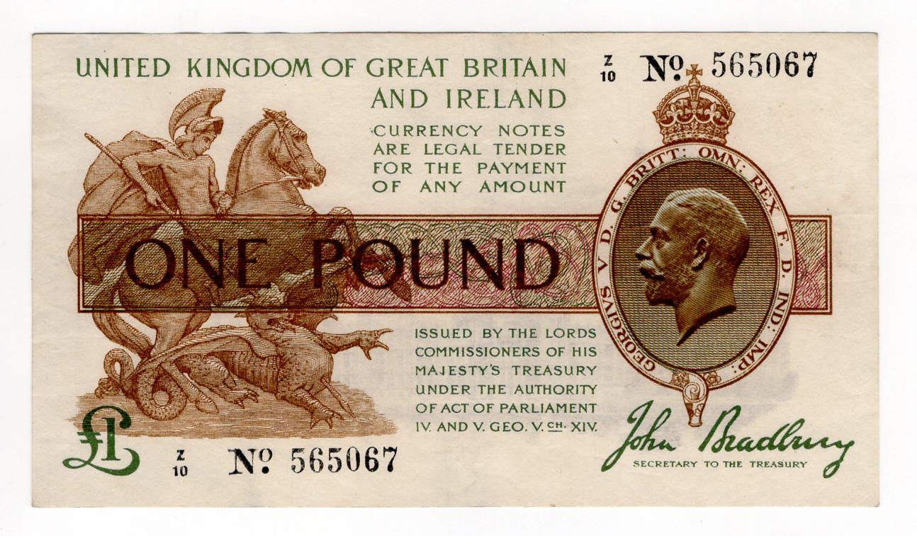 Bradbury 1 Pound (T16) issued 1917, CONTROL NOTE 'Z' prefix, serial Z/10 565067 (T16, Pick351)