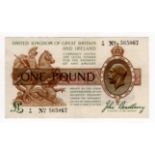 Bradbury 1 Pound (T16) issued 1917, CONTROL NOTE 'Z' prefix, serial Z/10 565067 (T16, Pick351)