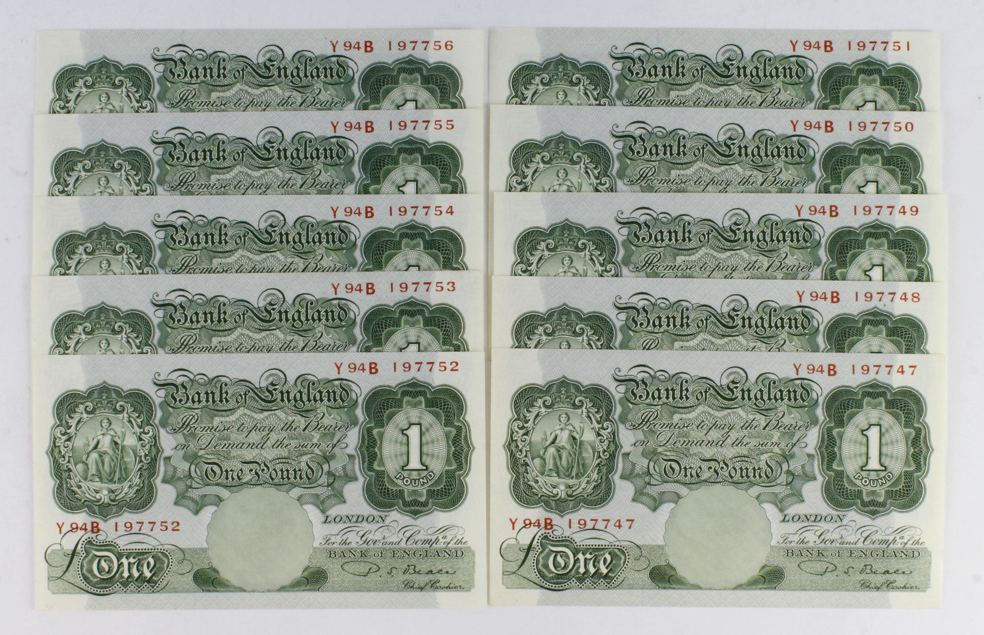 Beale 1 Pound (B268) issued 1950 (10), a consecutively numbered run, serial Y94B 197747 - Y94B