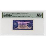 Malaya 10 Cents dated 15th August 1940, serial H058065 (TBB B104a, Pick2) in PMG holder graded 66