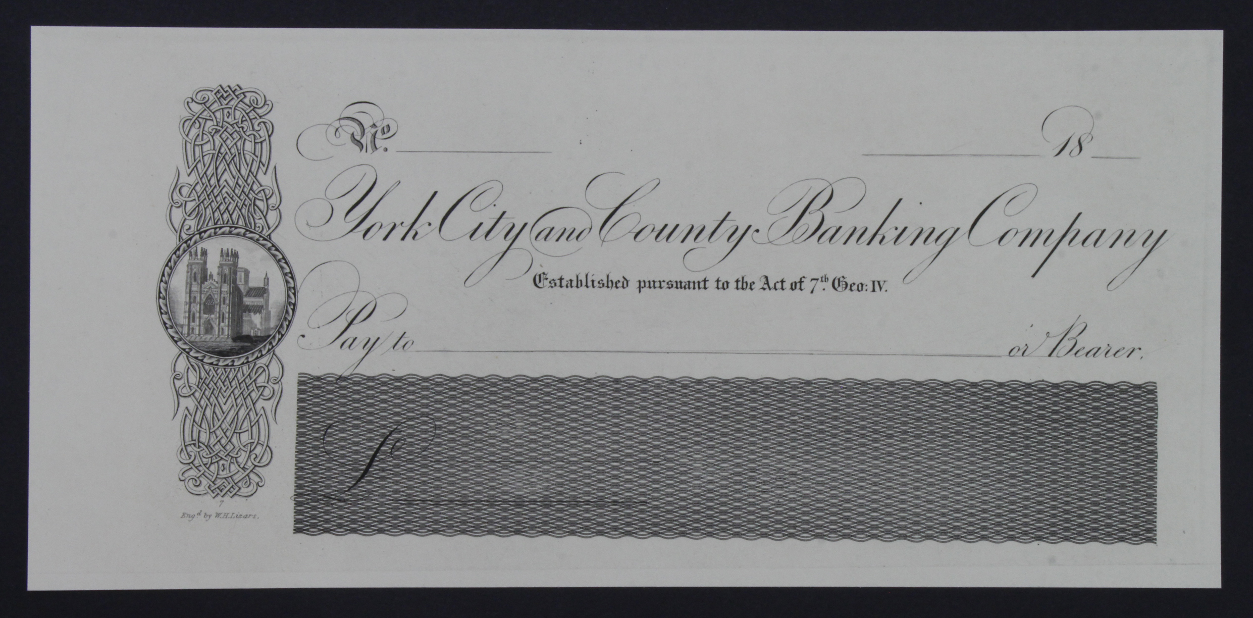 Cheque, York City & County Banking Company PROOF cheque 18xx, engraved and printed by Lizars,