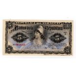 Paraguay 5 Pesos dated 26th December 1907, serial A 0018221 (Pick156) Uncirculated