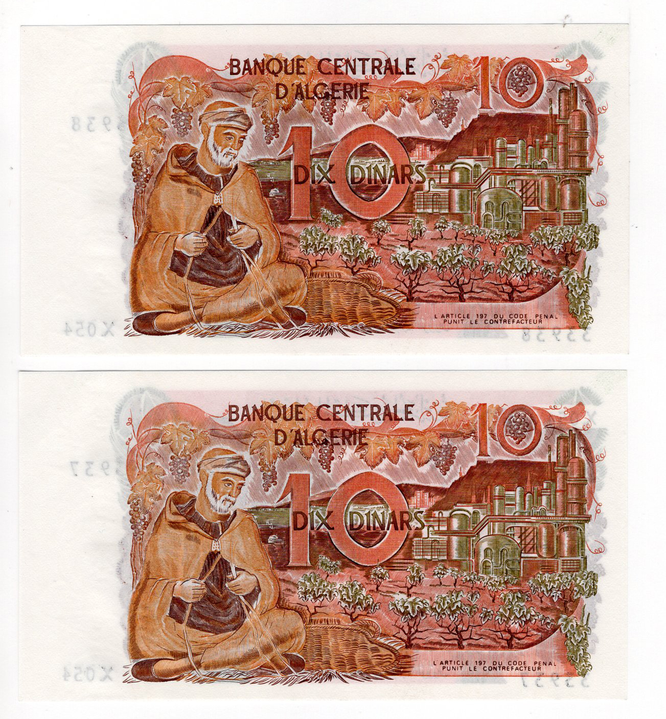 Algeria 10 Dinars (2) dated 1st November 1970, a consecutively numbered pair, serial X.054 33937 & - Image 2 of 2