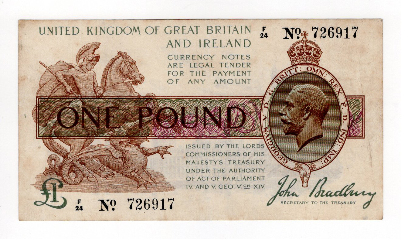 Bradbury 1 Pound (T16) issued 1917, serial F/24 726917 (T16, Pick351) pressed VF+