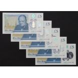 Cleland 5 Pounds (B414) issued 2016 (5), a group of '01' prefixes, a consecutively numbered run of 4