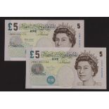 Lowther & Bailey Overlap prefix pair, 5 Pounds (2) both with JB84 prefix (B395 & B398) Uncirculated