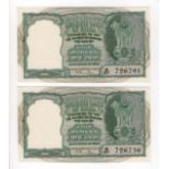 India 5 Rupees (2) issued 1951 signed B. Rama Rau, serial M/87 726756 & M/87 726791 (TBB B215a,