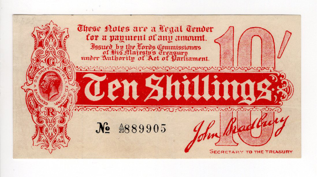 Bradbury 10 Shillings (T9, Pick346) issued 1914, Royal Cypher watermark, serial A/20 889905, No.