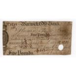 Warwick Old Bank 5 Pounds dated 1829, serial No. 1251 for John Tomes, Richd. Tomes & John Russell (