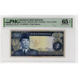 Indonesia 50 Rupiah dated 1960, serial BP 96135 (TBB B539a, Pick86a) in PMG holder graded 65 EPQ Gem