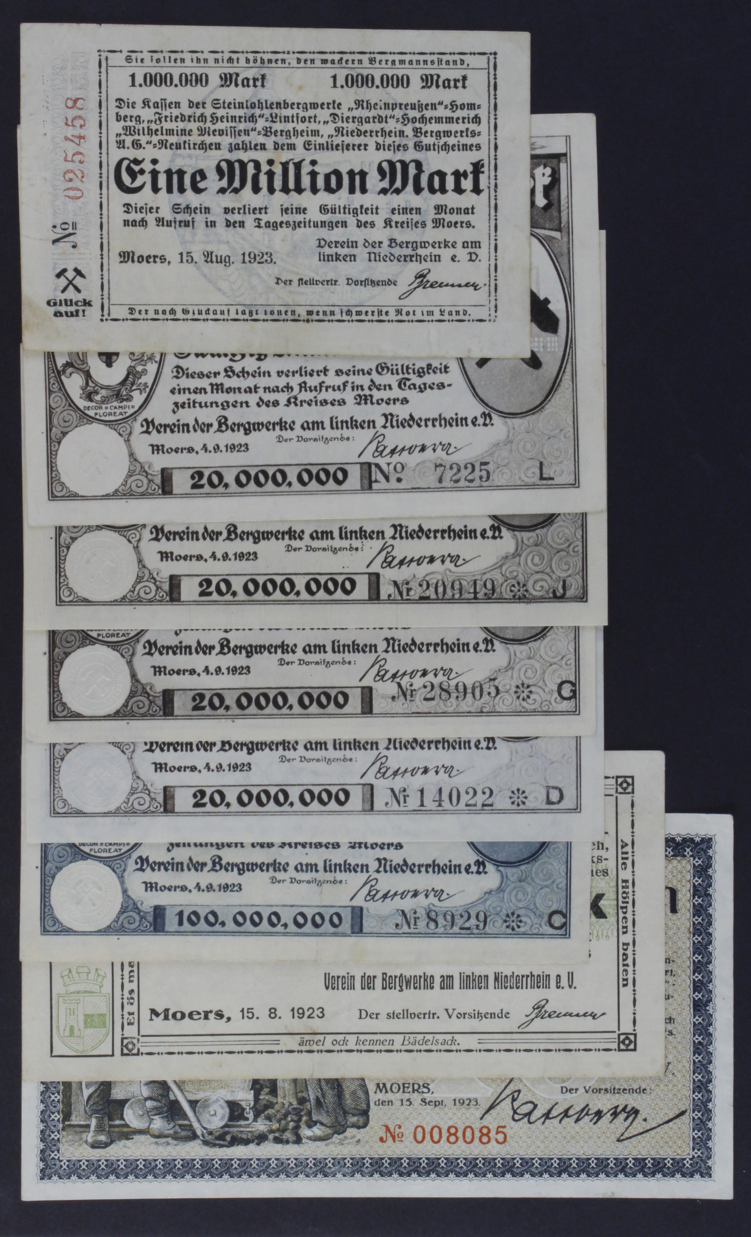 Germany Grossgeld (8) dated 1923, 1 Million Mark, 5 Millionen Mark, 10 Millionen Mark, 20