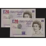 Lowther 20 Pounds (B387) issued 1999 (2), both scarce REPLACEMENT notes, serial LL12 933771 and LL09