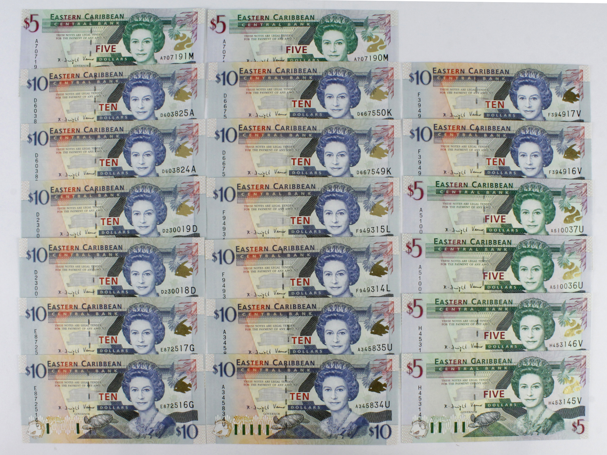 East Caribbean (20), a group of consecutively numbered pairs issued 2000, 10 Dollars (14) in 7