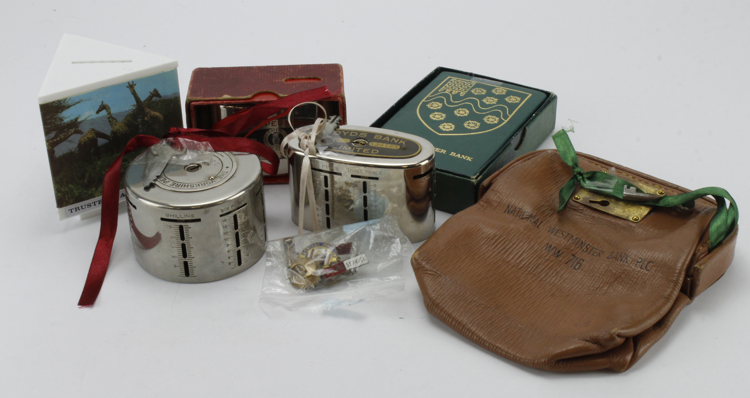 Sundries (11), 5 x Money Boxes, including National Provincial Bank Ltd money box, book design in