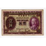 Hong Kong 1 Dollar issued 1935, King George V portrait at right, serial F821307 (TBB B801a, Pick311)