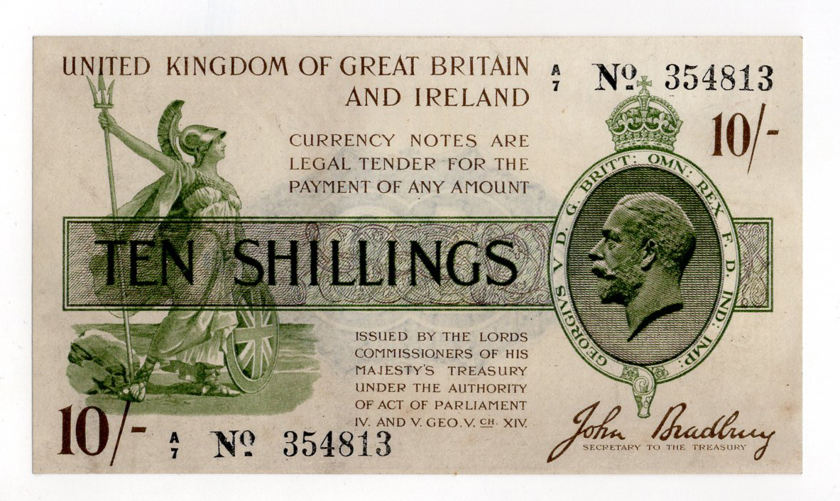 Bradbury 10 Shillings (T18) issued 22nd October 1918, serial A/7 354813, No. with dash (T18,