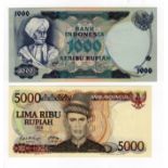 Indonesia (2), 1000 Rupiah dated 1975 serialYCA 016285 (TBB B572a, Pick113a), 5000 Rupiah dated 1986