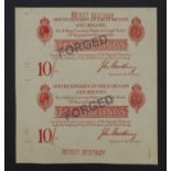 Bradbury 10 Shillings (2), an uncut sheet of 2 FORGED notes, uniface examples with 'FORGED'