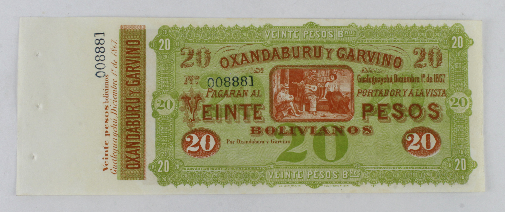 Argentina 20 Pesos Bolivianos, Banco Oxandaburu Y Garvino unsigned & unissued REMAINDER dated 1st