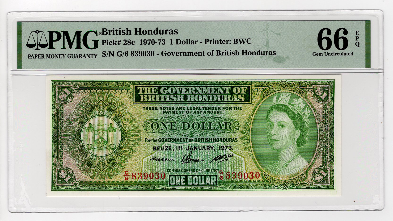 British Honduras 2 Dollars dated 1st January 1973, last date of issue, serial G/6 839030 (TBB B128a,