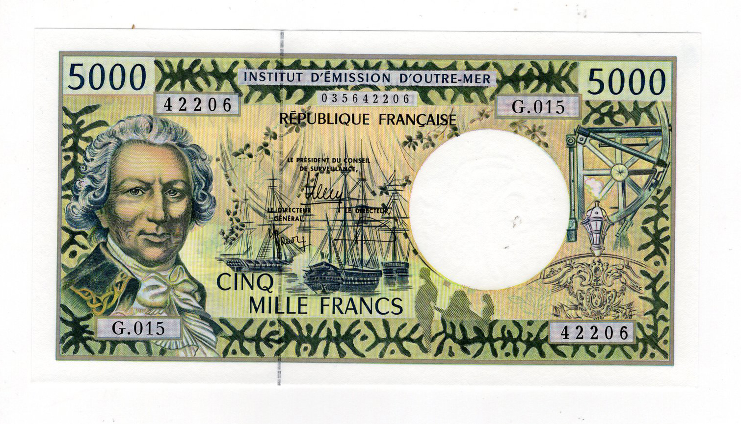 French Pacific Territories 5000 Francs issued 1996, serial G.015 42206 (TBB B103i, Pick3i)