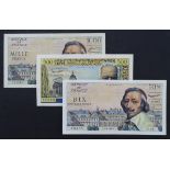 France (3), 10 Nouveaux Francs dated 4th February 1960 serial O.56 38437 (Pick142a), 1000 Francs