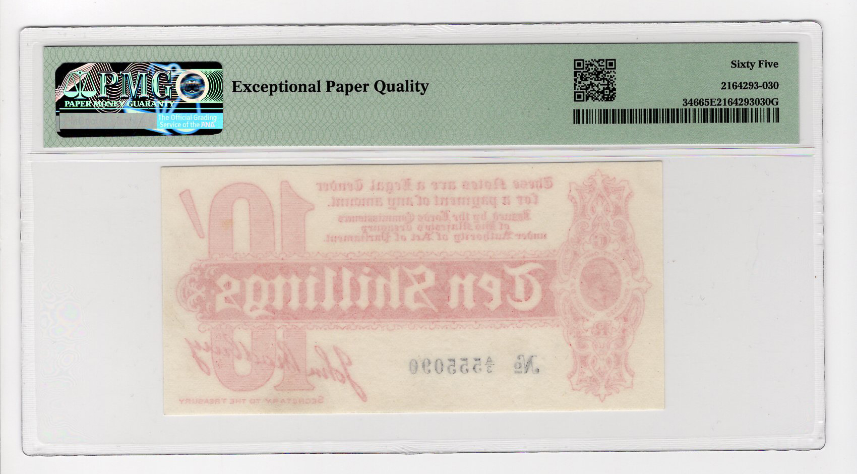 Bradbury 10 Shillings (T9) issued 1914, serial A/3 555090, No. with dash (T9, Pick346) in PMG holder - Image 2 of 2