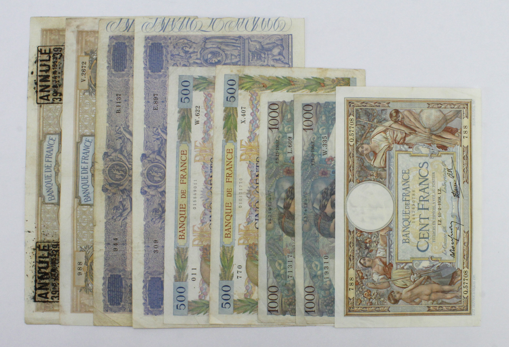 France (9), a collection of large notes comprising 1000 Francs (2) dated 1914 & 1917 (Pick67g), 1000