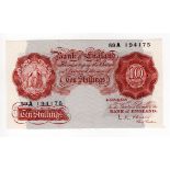 O'Brien 10 Shillings issued 1955, rare REPLACEMENT note, serial 59A 194175 (B272, Pick368c) dents in