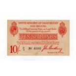 Bradbury 10 Shillings (T12.2) issued 1915, 5 digit serial number J1/4 42493 (T12.2, Pick348a) toned,