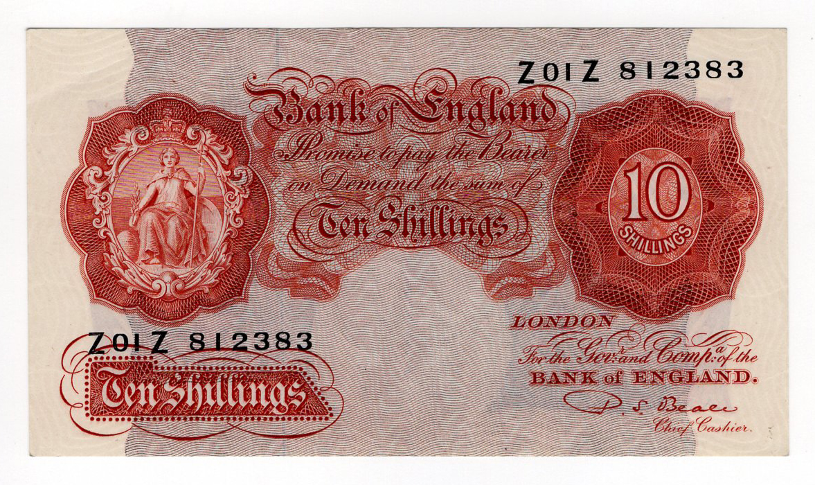 Beale 10 Shillings (B266) issued 1950, exceptionally rare FIRST RUN 'Z01Z' prefix, serial Z01Z