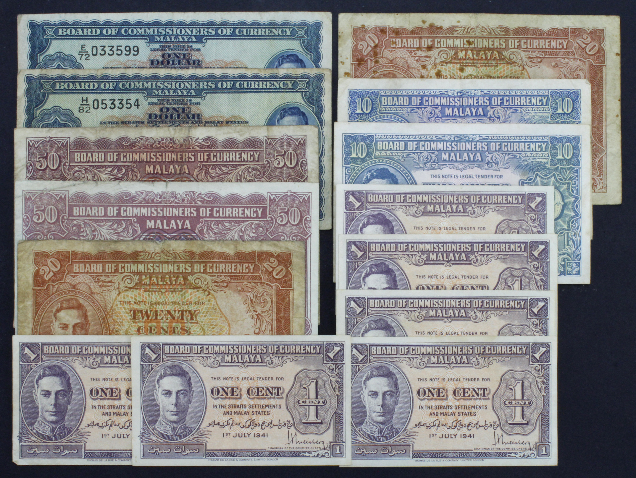 Malaya (14), 1 Dollar (2), 50 Cents (2), 20 Cents (2), 10 Cents (2), 1 Cent (6) dated 1st July 1941,