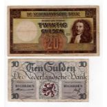 Netherlands (2), 20 Gulden dated 7th May 1945, serial IAK 151999 (Pick76), 10 Gulden dated 7th May