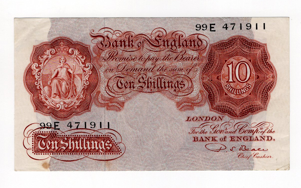 Beale 10 Shillings (B265) issued 1950, scarce FIRST SERIES note with HIGH PREFIX, serial 99E